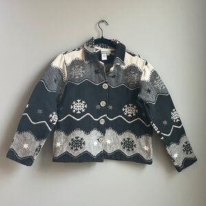 VTG Coldwater Creek Cream/Gray Cotten Tapestry Jacket- Winter Snowflake Pattern